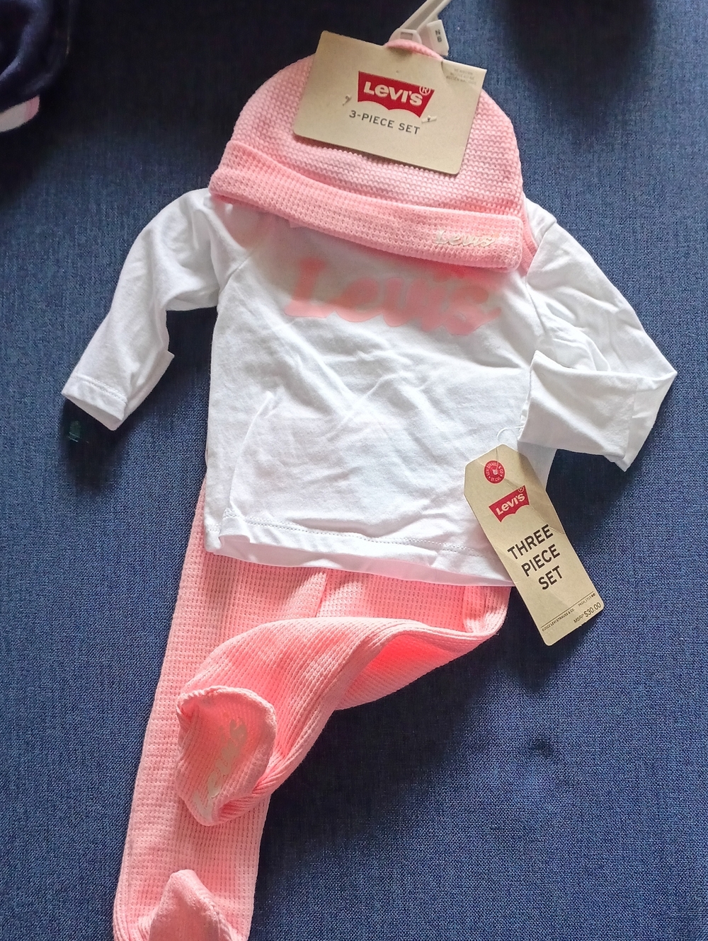 Levi's Baby Girls Pink & White 3-Piece Set - Knit Hat, Top & Footed Pants